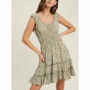 Olive Floral Print Mini Dress, NWT,  1/S, 1/M